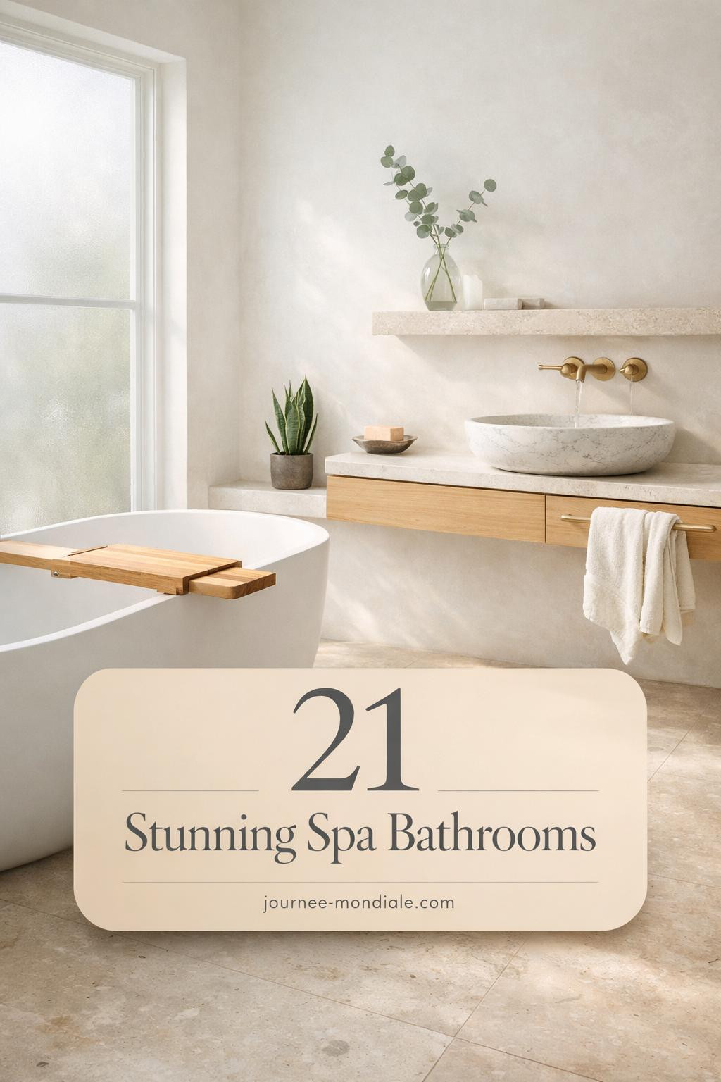 Serene minimalist bathroom featuring freestanding white soaking tub, floating white oak vanity, Carrara marble sink, brushed brass fixtures, pale limestone floors, soft morning light through frosted windows