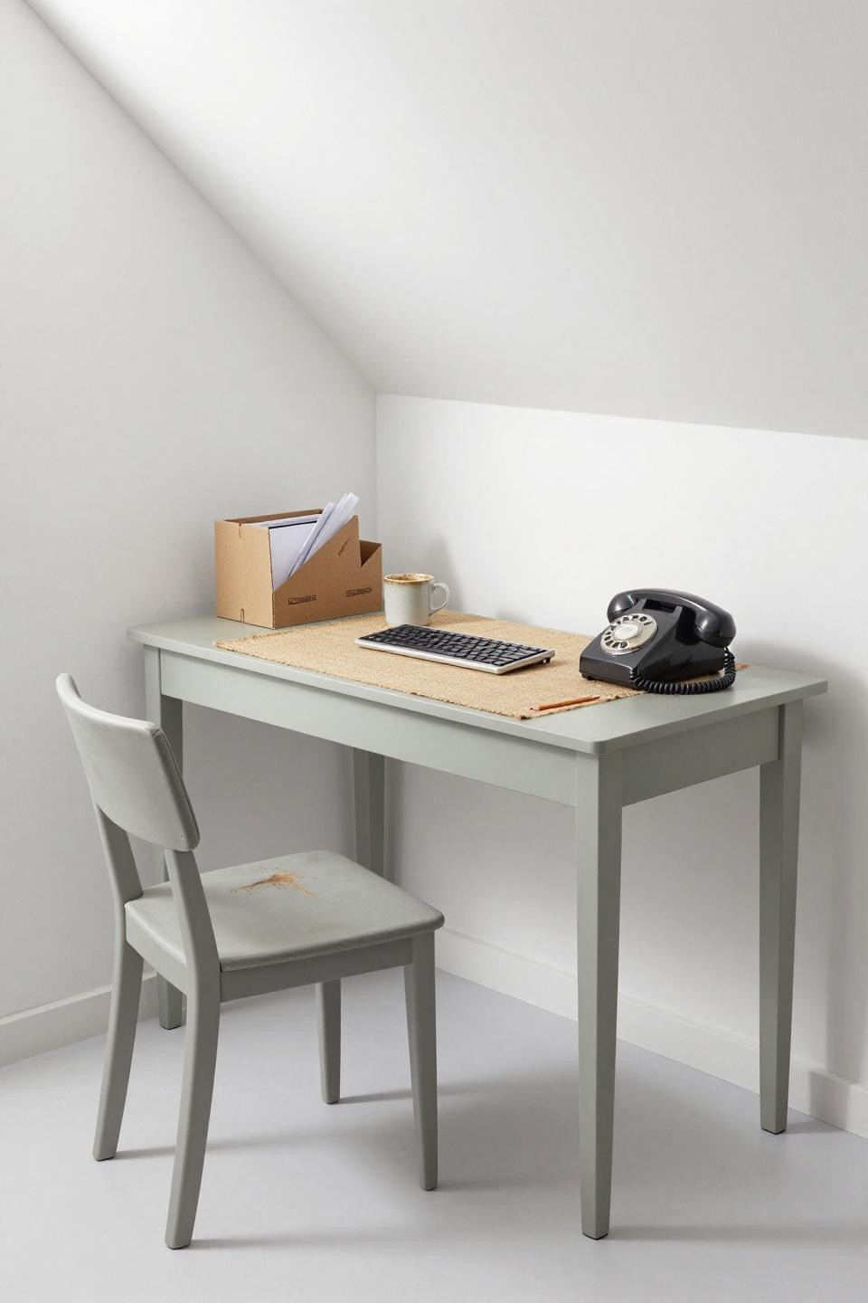Small work from home space - grey-green corner desk in narrow nook