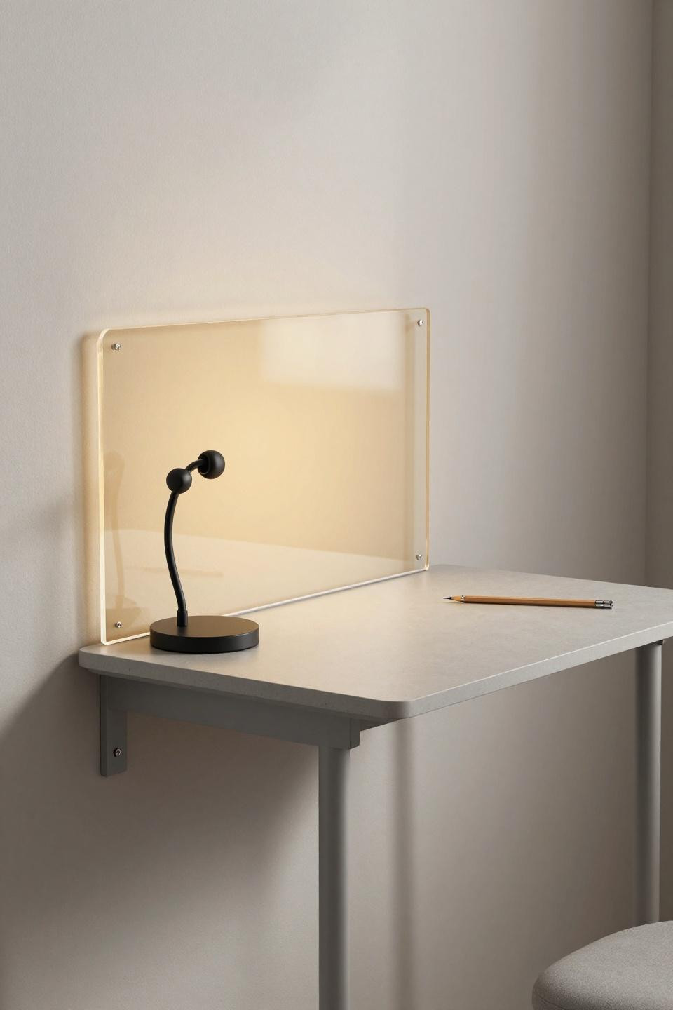 Minimalist work desk - greige laminate desk in compact hallway with amber light