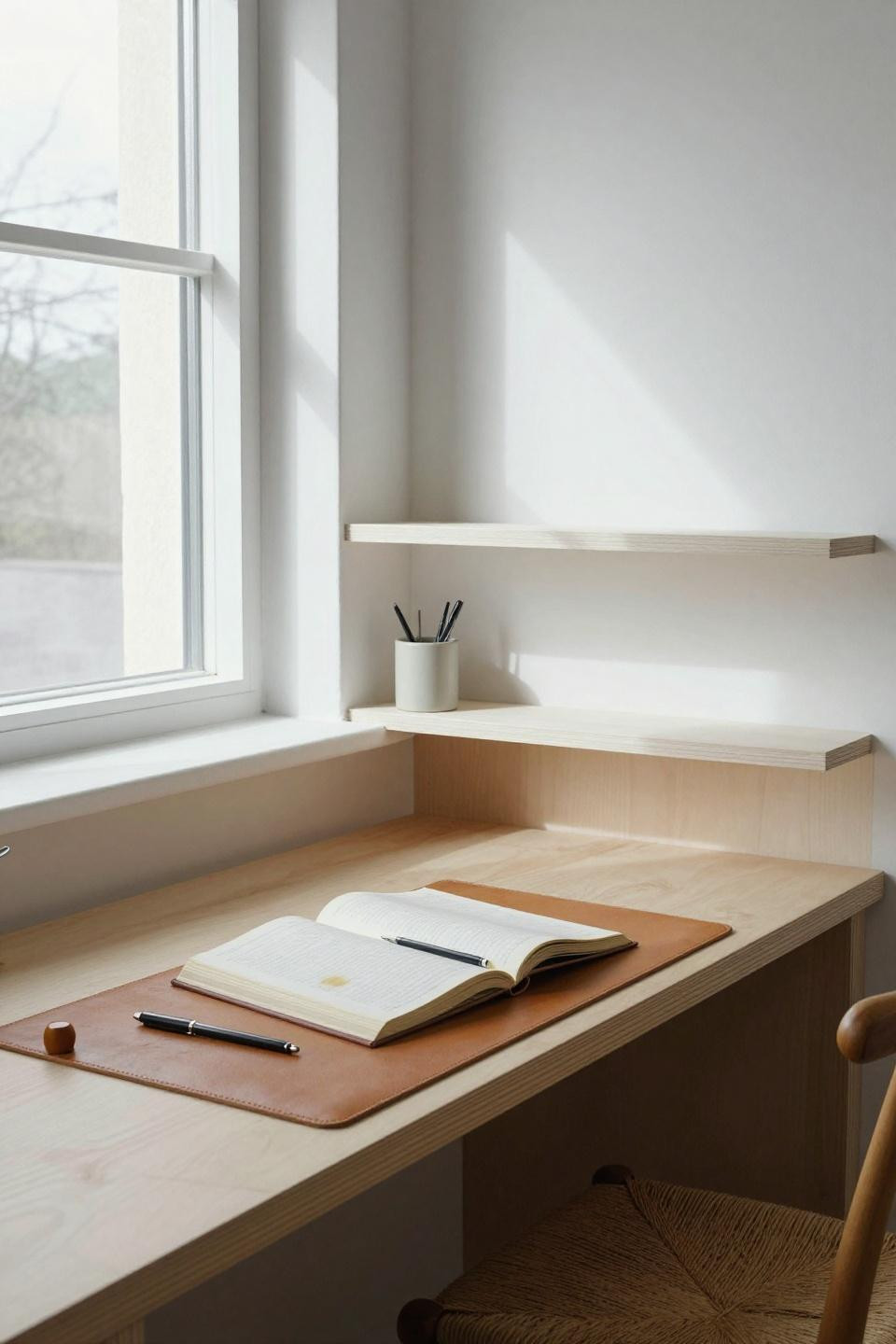 Minimalist work desk - pale ash plywood desk with window mullion shadow stripe