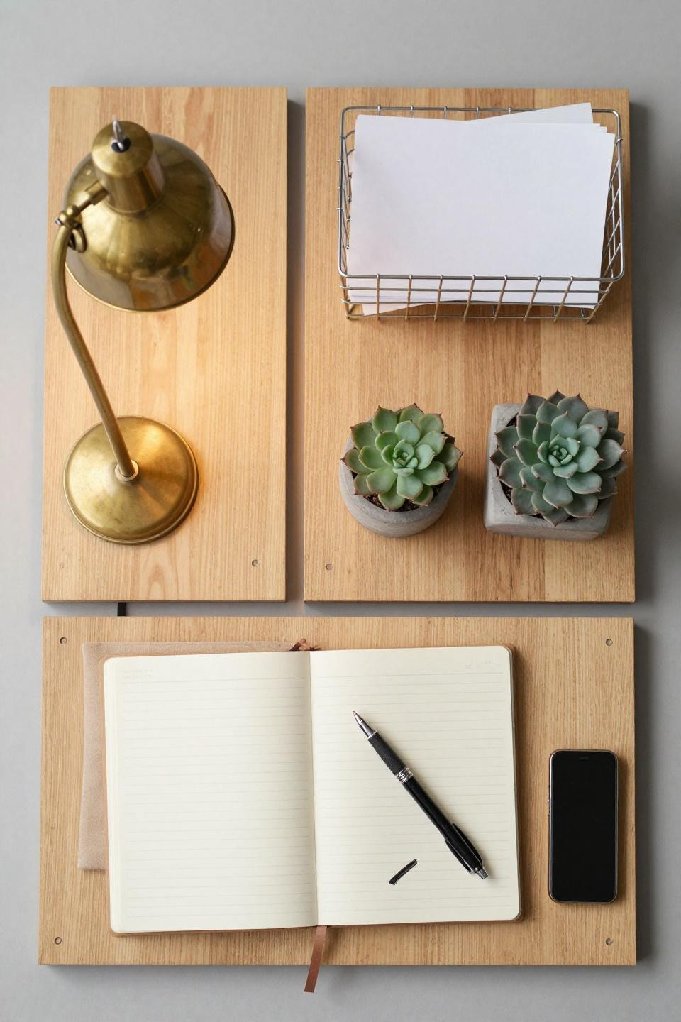 Work from home desk setup - plywood desk with three separated zones and intentional spacing