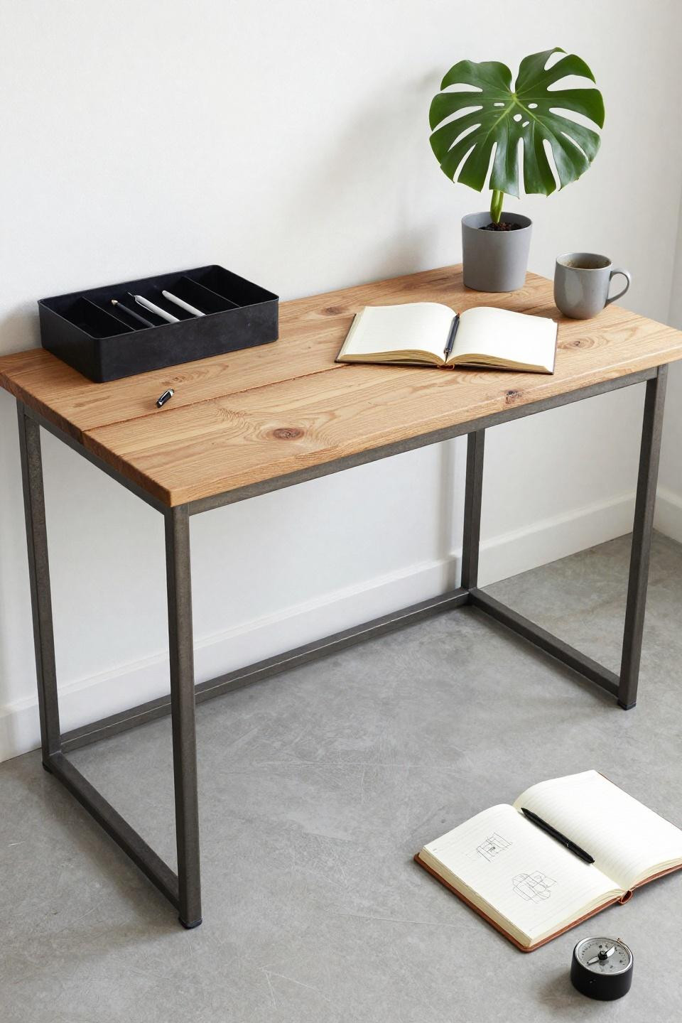Work from home office aesthetic - reclaimed oak desk with visible wood movement gaps