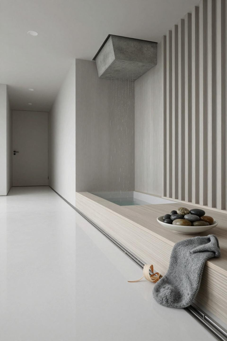 Doorless Shower Design - pale ash frame white epoxy floor