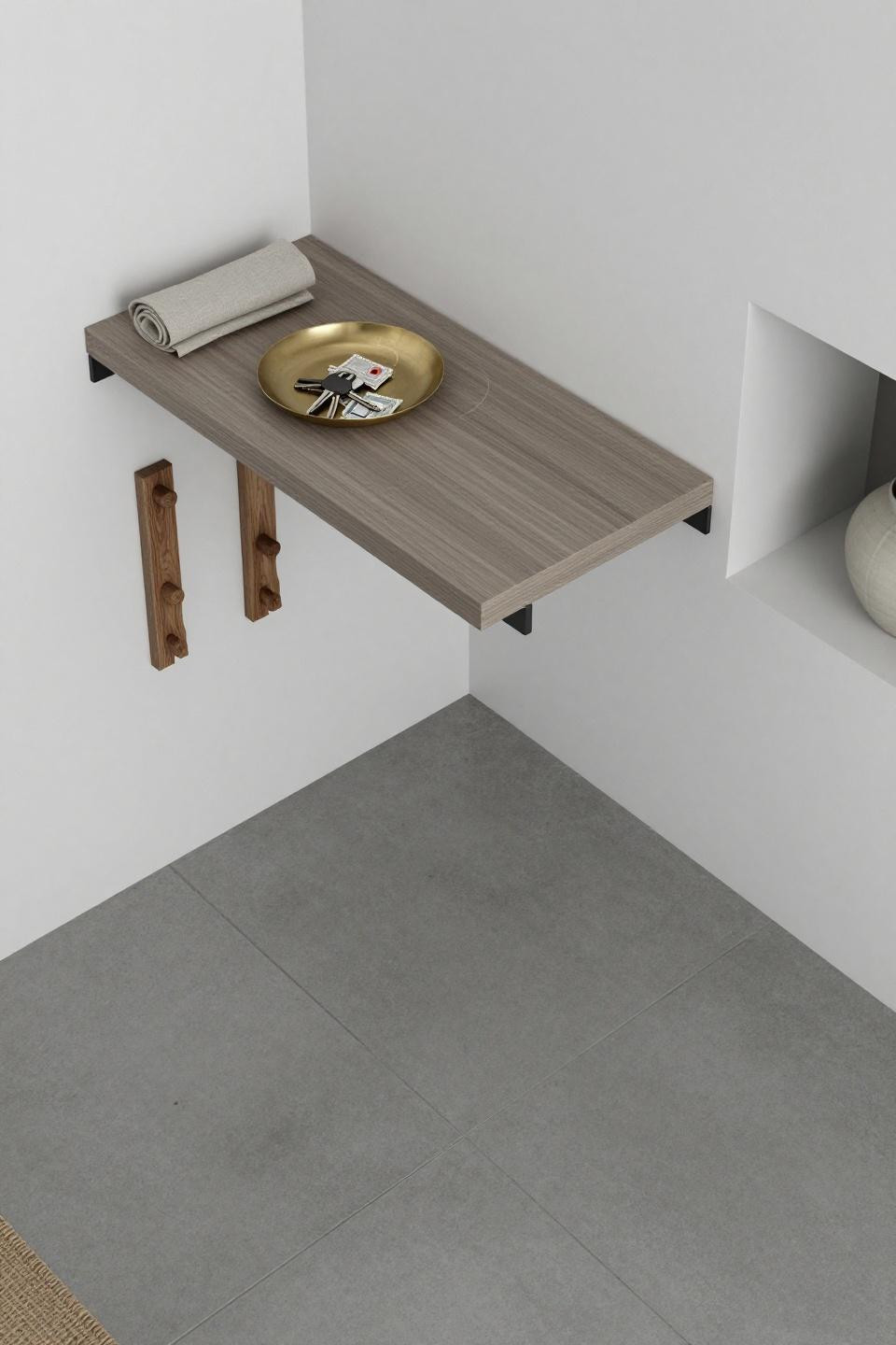 Drop Zone Ideas Entryway - floating ash wood shelf with carved wooden pegs