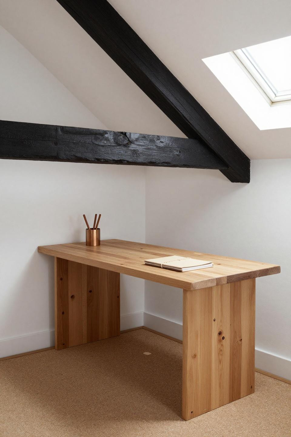 Minimalist desk decor - reclaimed pine desk between timber beams in attic alcove