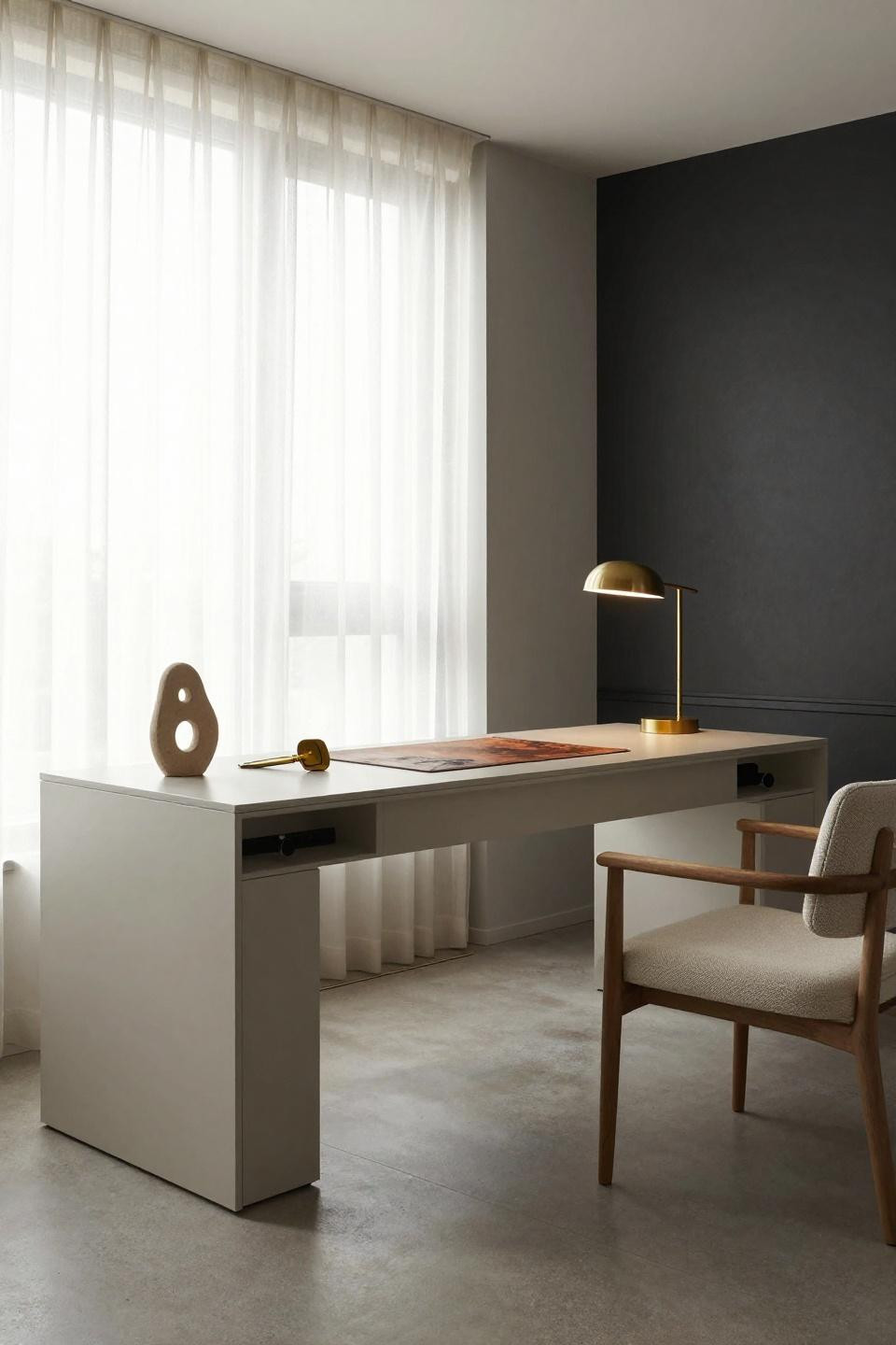 Small work from home space - greige L-desk with hidden cable raceway and brass lamp