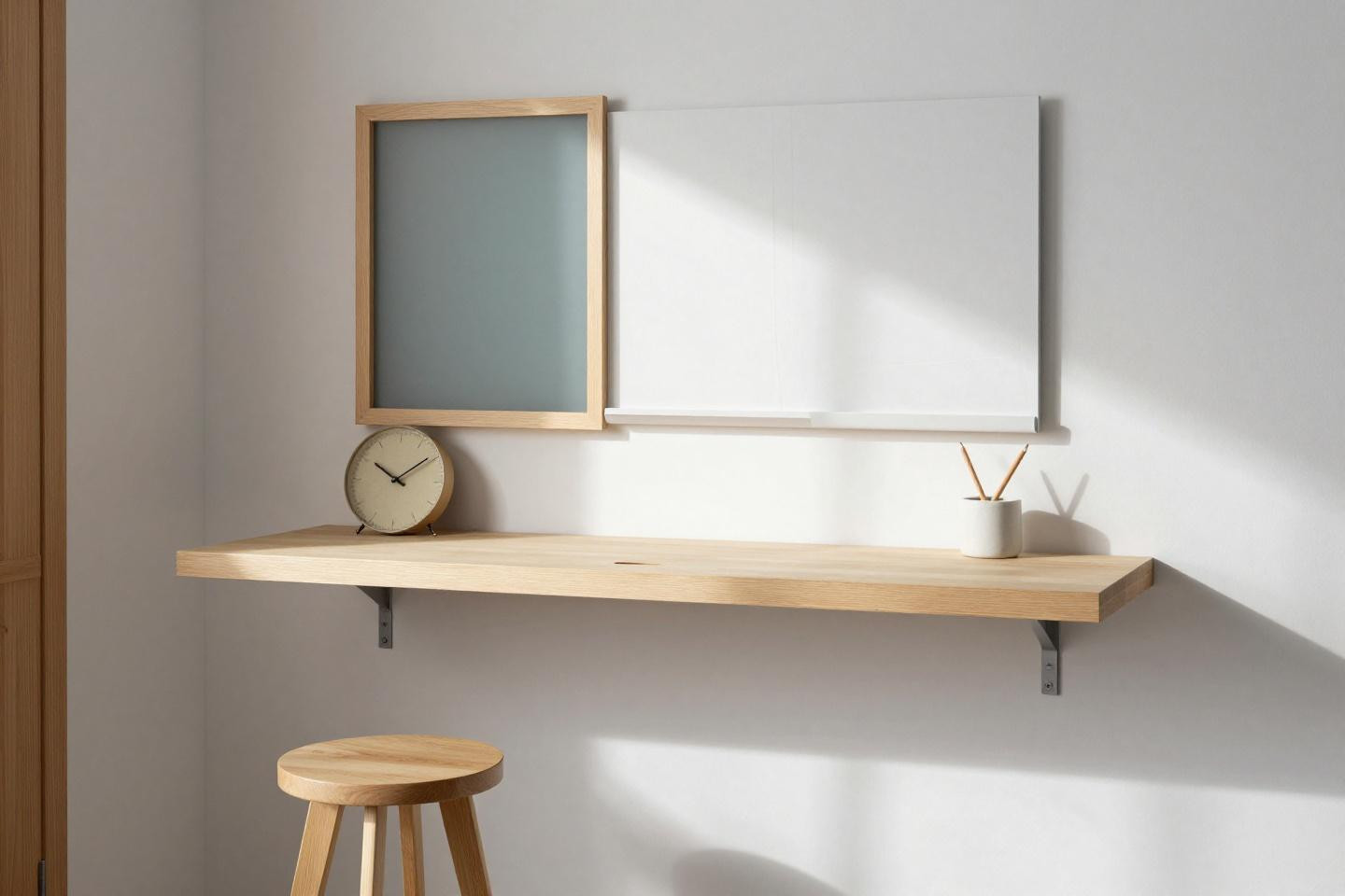 Office set up at work - pale birch plywood desk with geometric shadow pattern from frosted door