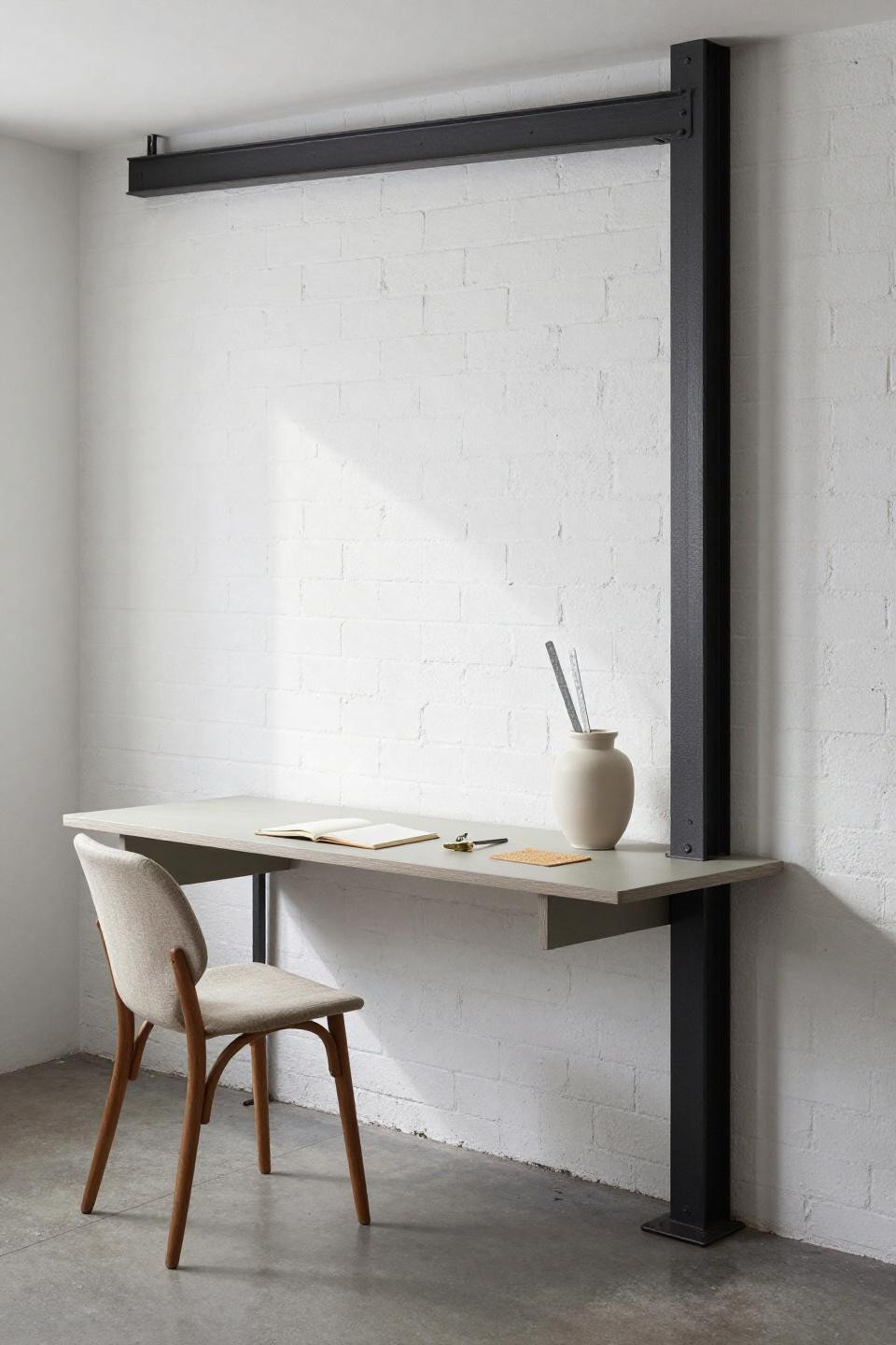 Minimalist home office ideas - ash L-shaped floating desk in warehouse loft