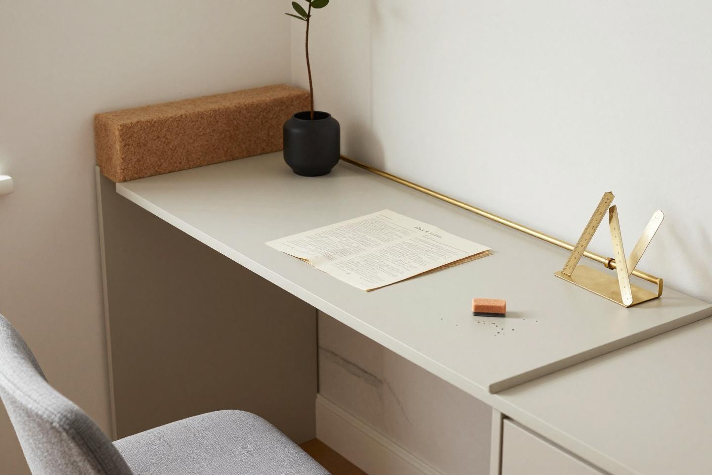 Minimalist home office ideas - pale ash L-desk with Calacatta marble corner detail