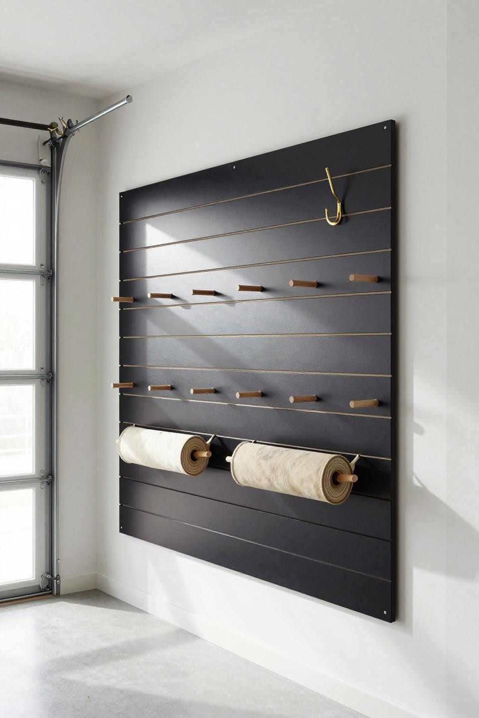 Garage Workbench Ideas - aluminum slat pegboard with dowel holders