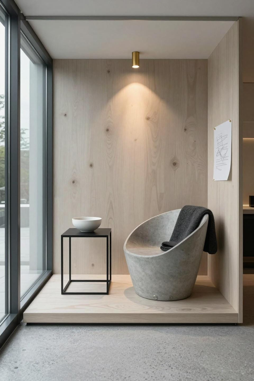 Small Sitting Room Inspiration - minimalist glass pod with concrete bucket chair