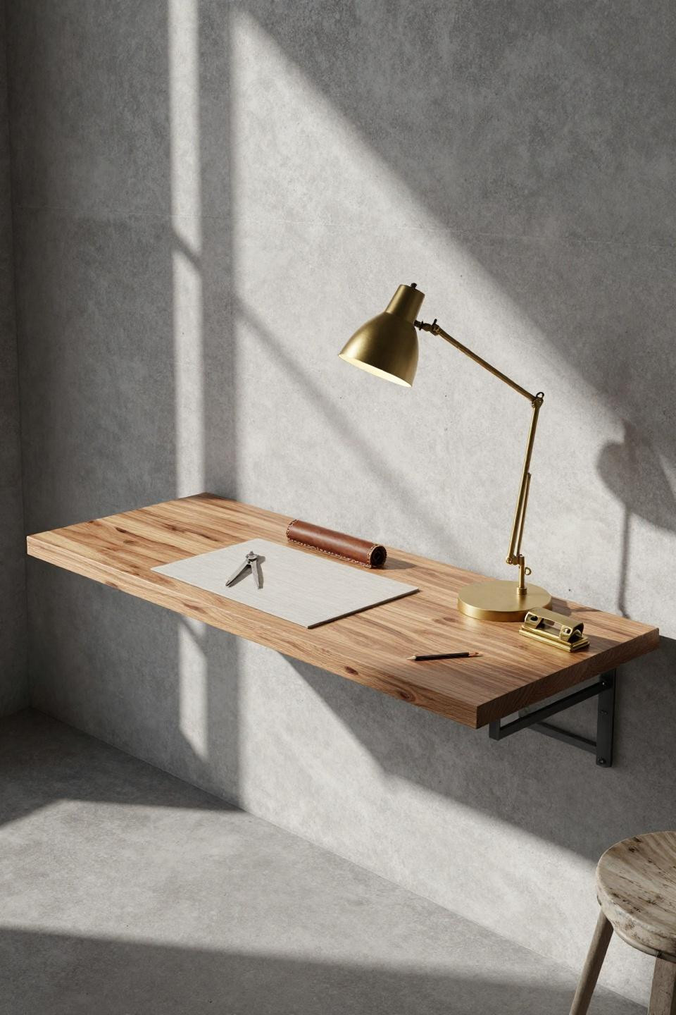 Work from home office aesthetic - walnut desk against concrete wall with geometric shadows