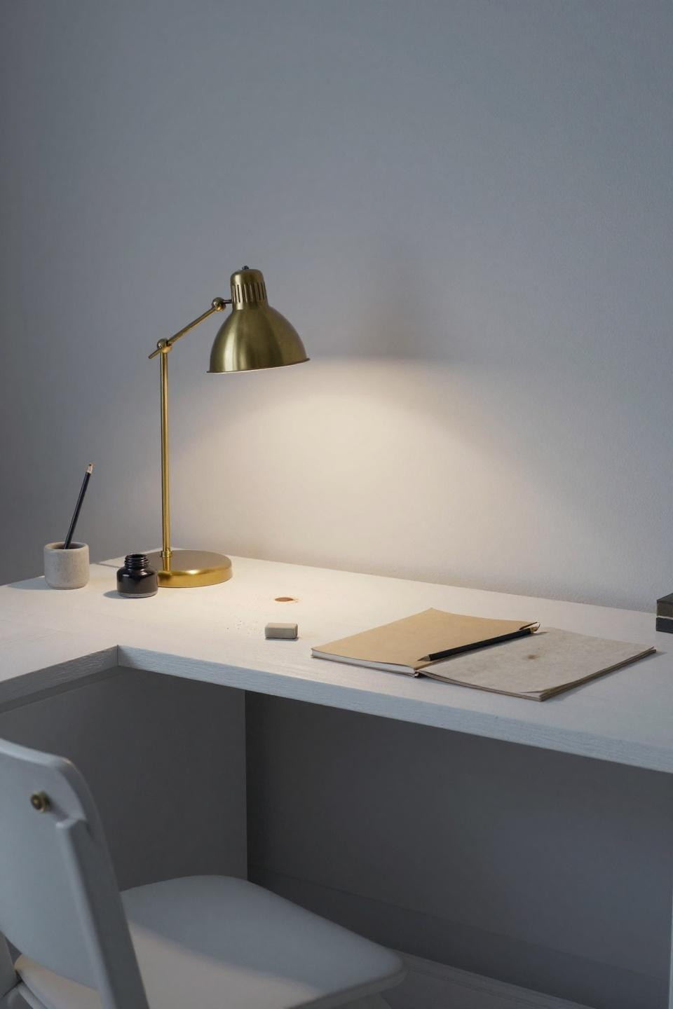 Work from home desk setup - whitewashed pine L-desk with intentional negative space