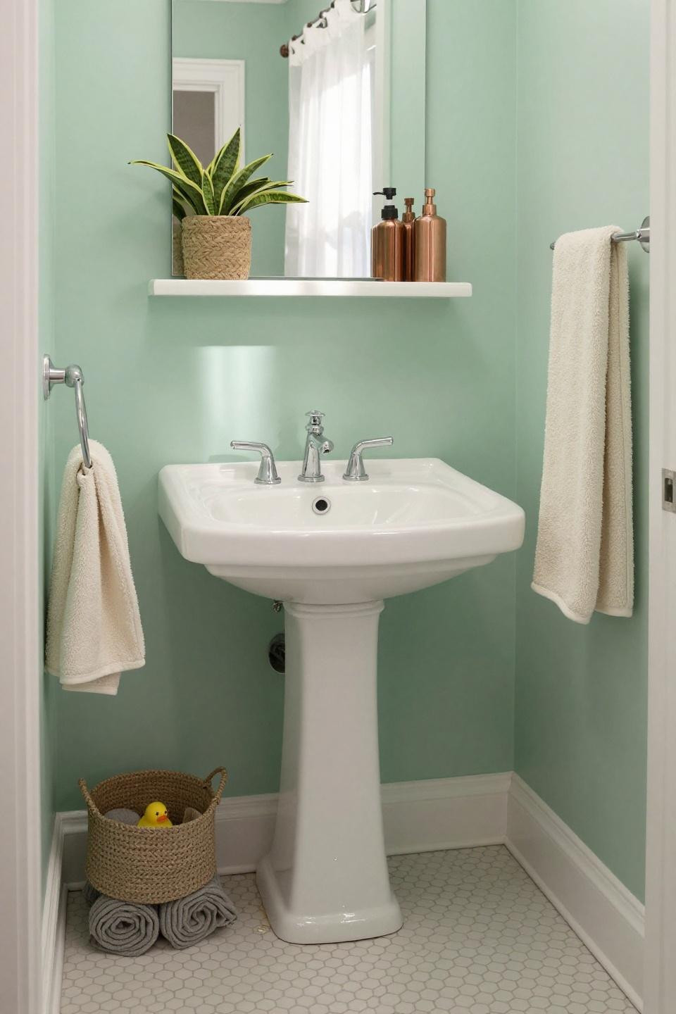 Apartment Bathroom Inspiration - mint green corner bathroom with vintage chrome
