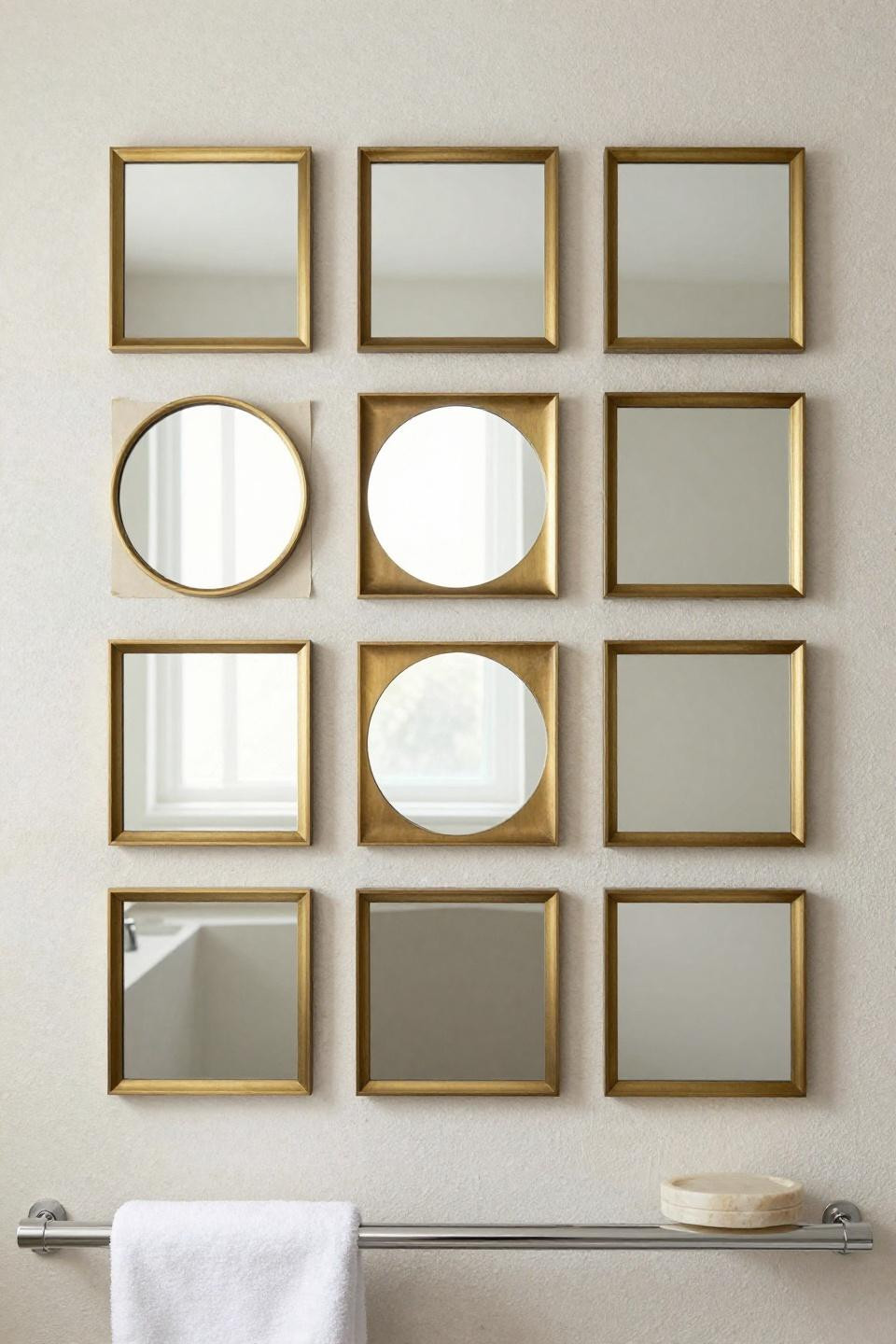 Mirror Frame - clustered brass mirrors on travertine wall