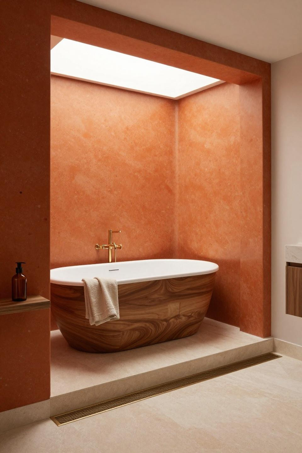bathroom interior ideas - burnt orange terrazzo with walnut tub
