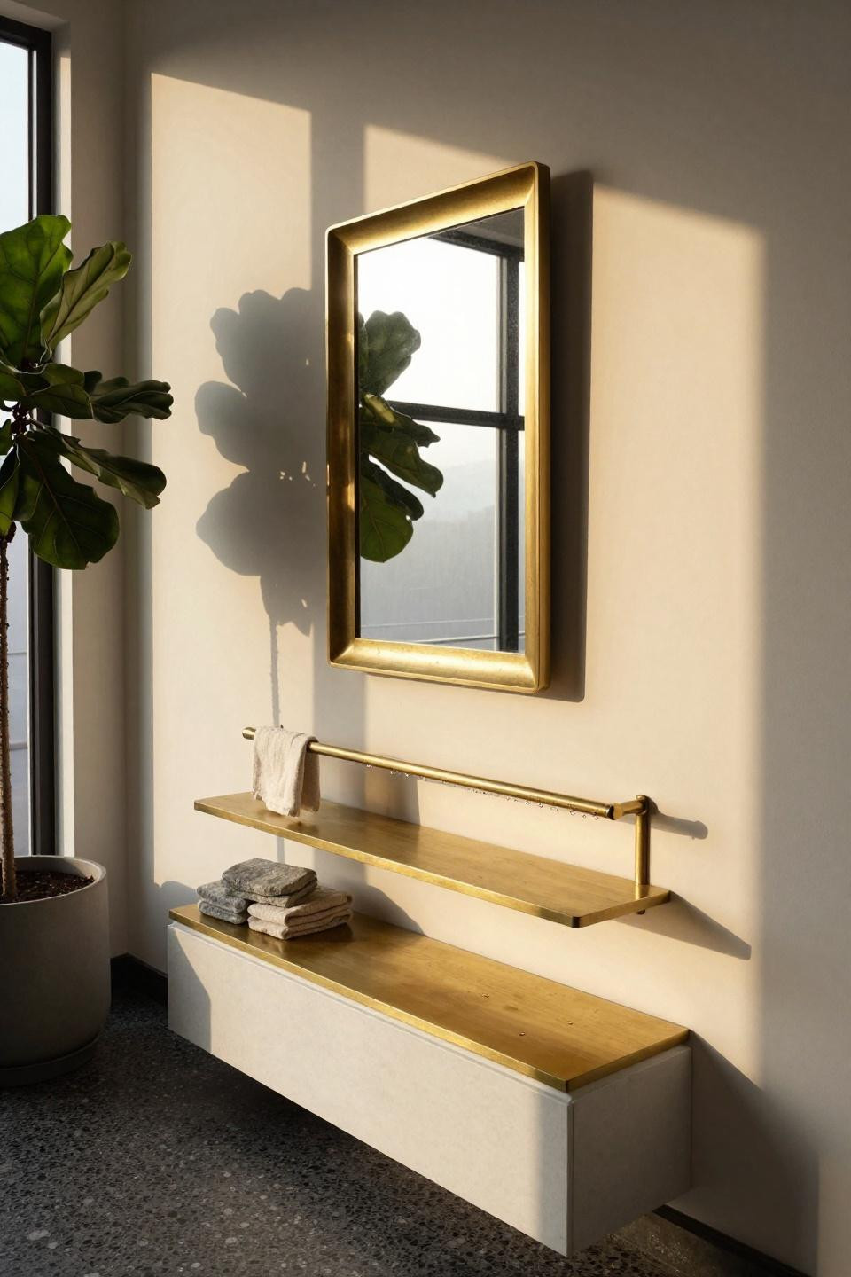 aesthetic bathroom - brushed brass shelf system with black terrazzo