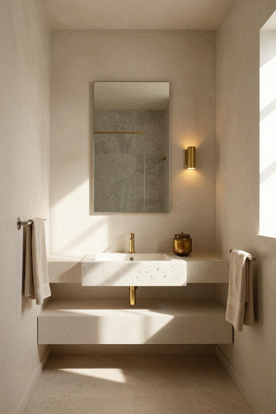 small full bathroom ideas - cream limewash with terrazzo sink