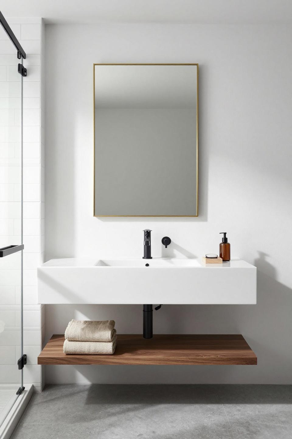 modern bathroom ideas - floating walnut vanity with brass-framed mirror