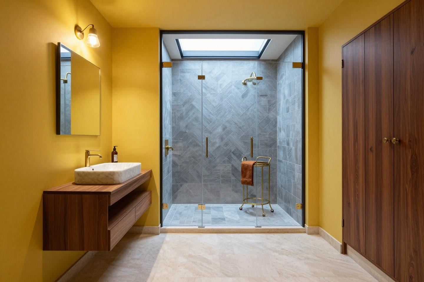 small modern bathroom - mustard accent wall with walnut vanity