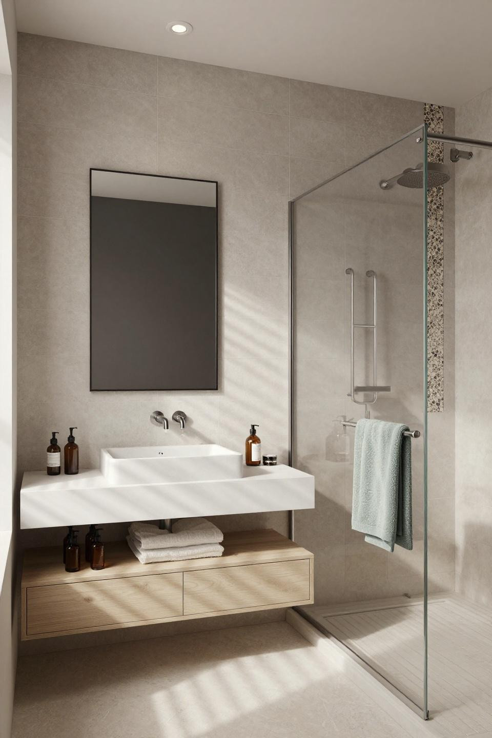 modern bathroom ideas - navy tile with white oak floating vanity