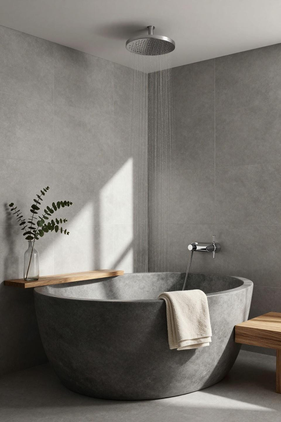 modern bathroom ideas - charcoal concrete tub under skylight