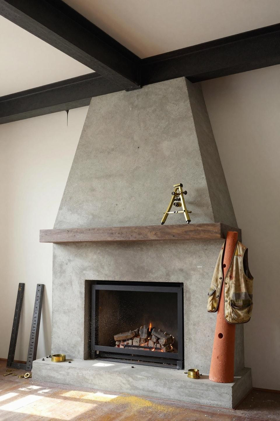 Fireplace Wall Ideas - floating concrete mantle with brass accents