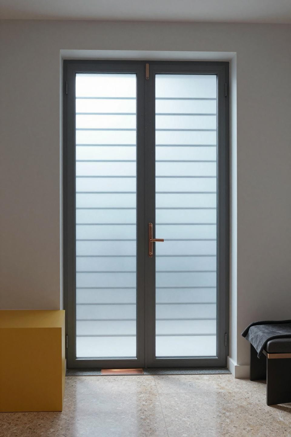 Double Front Doors With Glass Panels - aluminum framed with horizontal slats