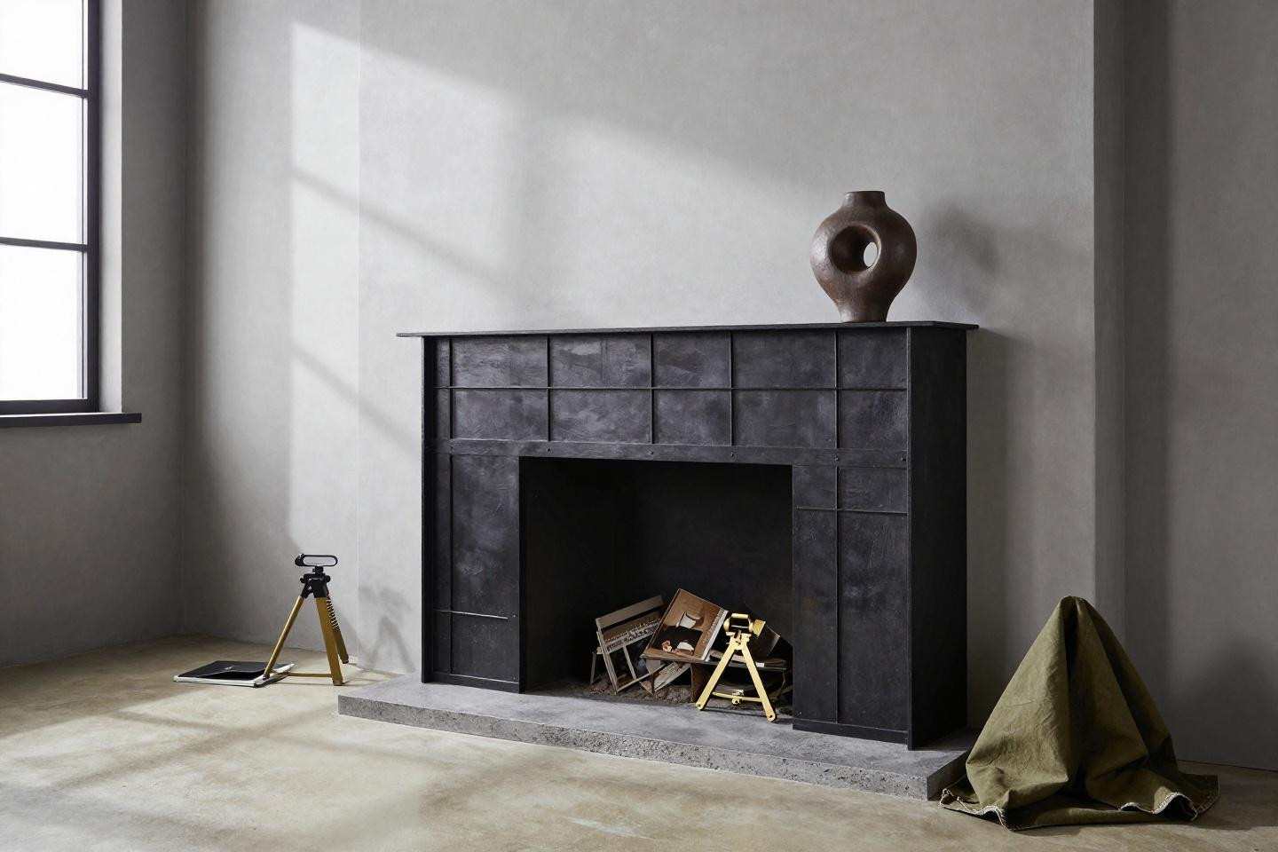 Living Room Mantle Decor - contemporary steel-frame fireplace grid