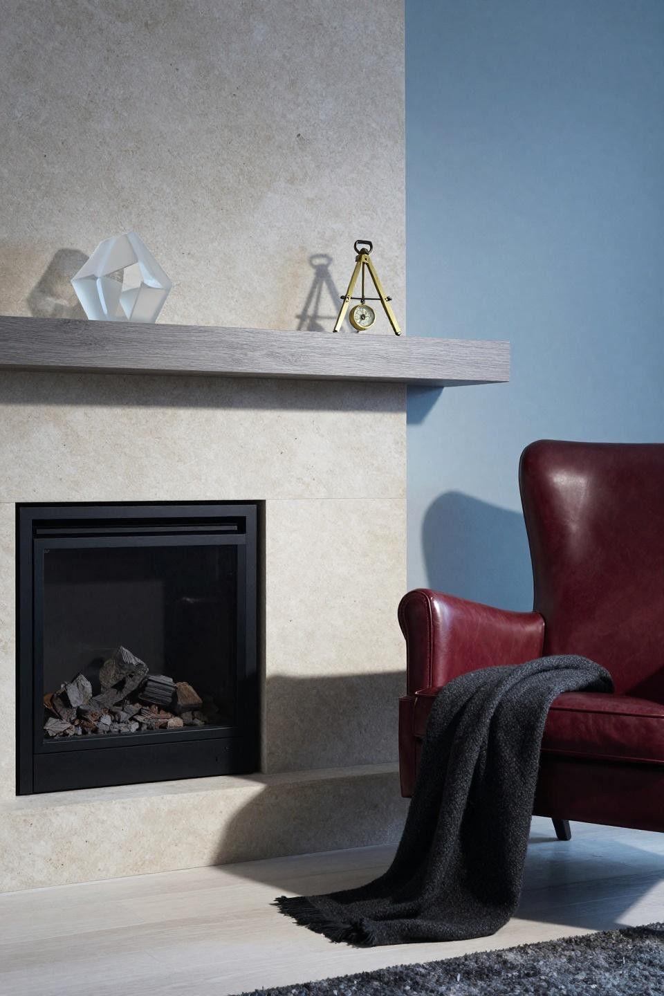 Above Fireplace Decor - black metal fireplace with limestone