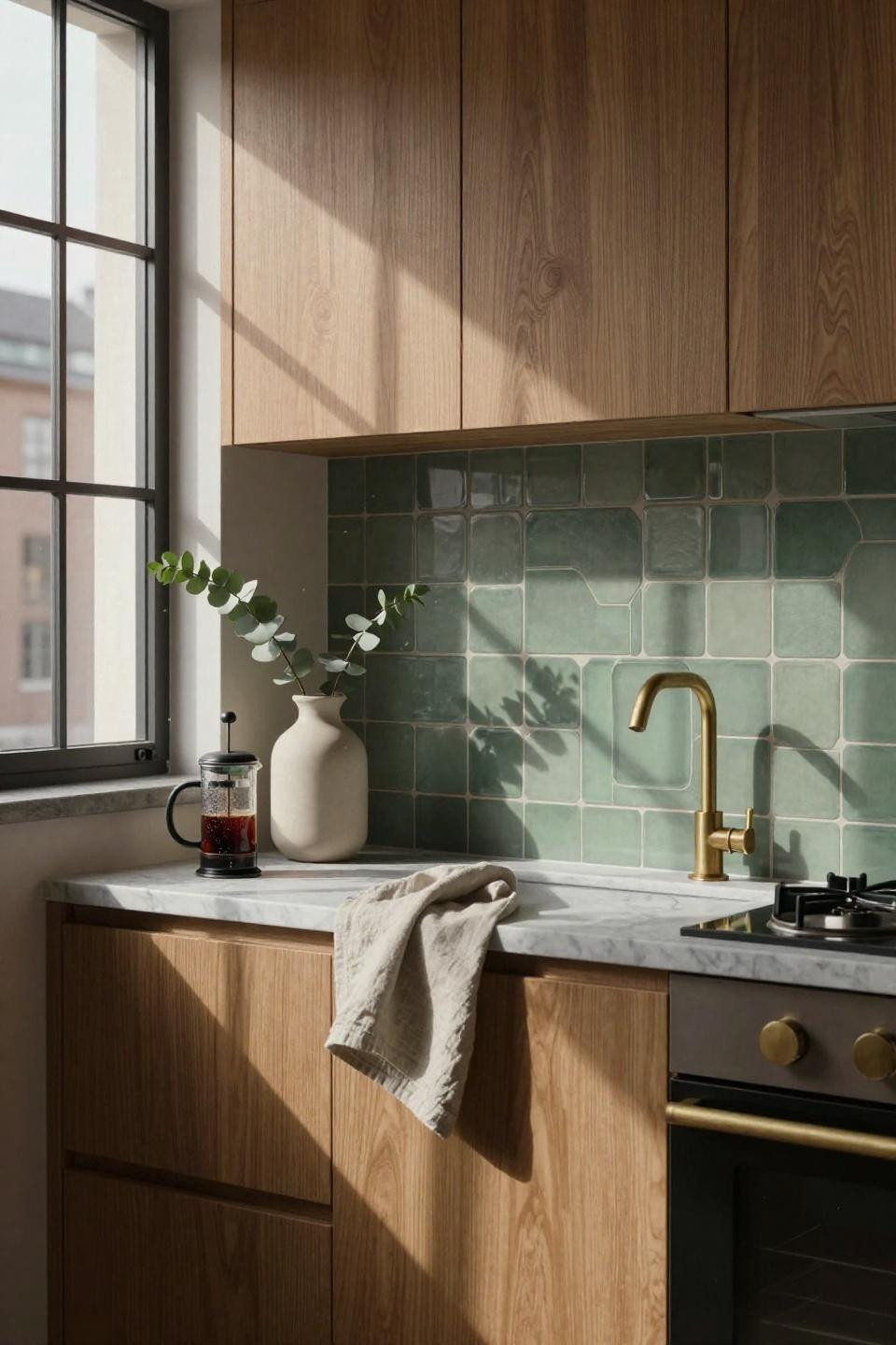 Kitchen room design - geometric sage zellige backsplash with brass accents