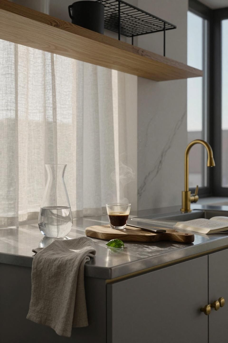 Modern home kitchen - unlacquered brass handles on steel countertop