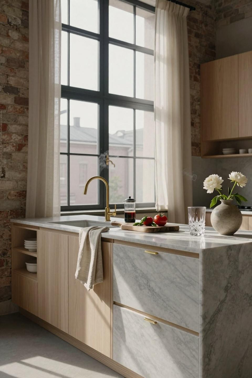Simple kitchen design - linear white oak cabinetry with marble waterfall island