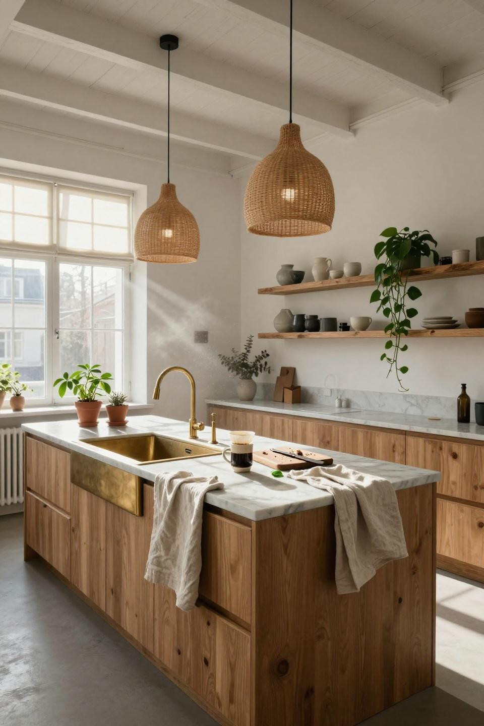 Modern home kitchen - monstera and pothos cascading from open shelving