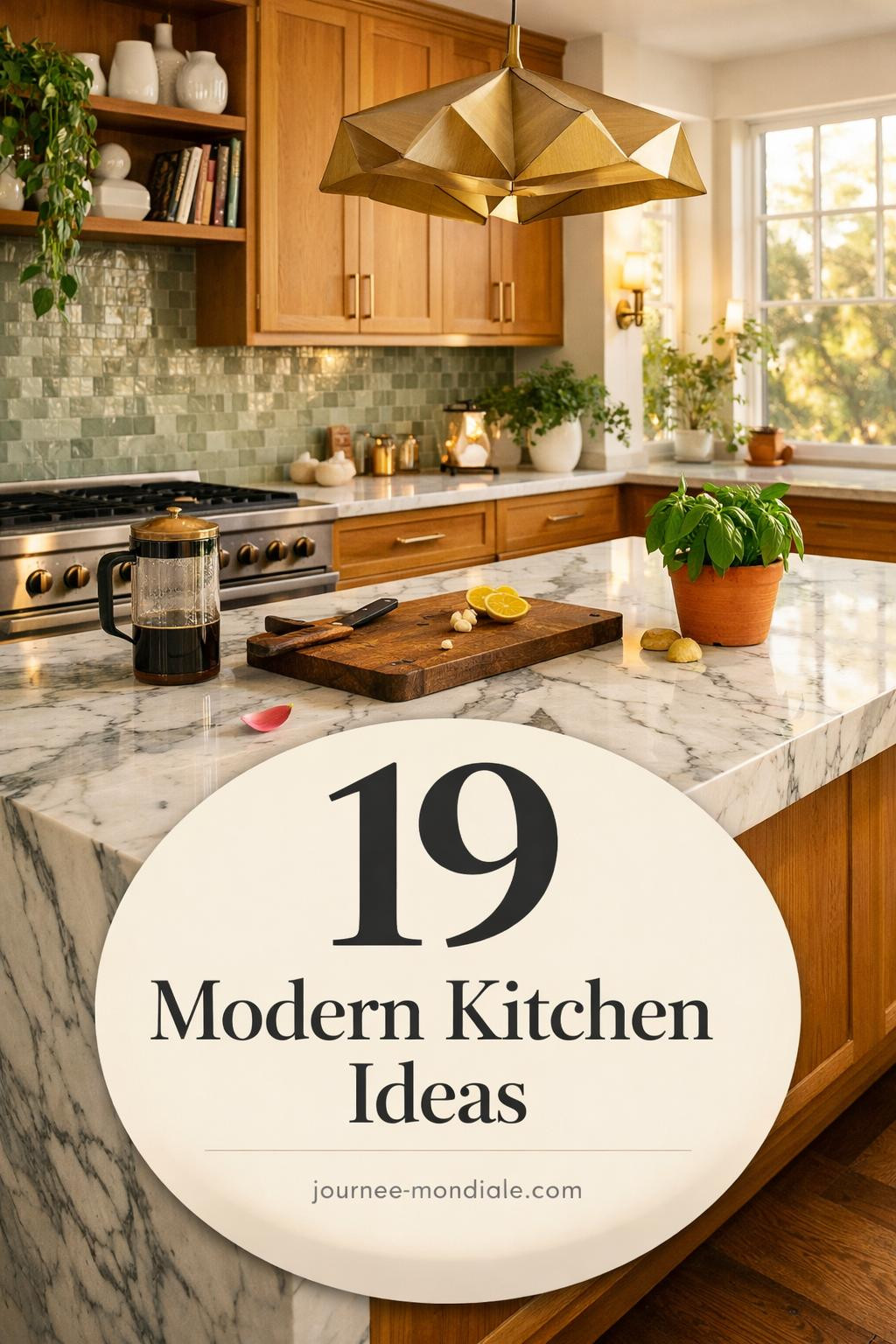 Luxury modern kitchen featuring honed Calacatta marble waterfall island, honey oak shaker cabinets, sage zellige backsplash, geometric brass pendant lighting, and natural sunlight