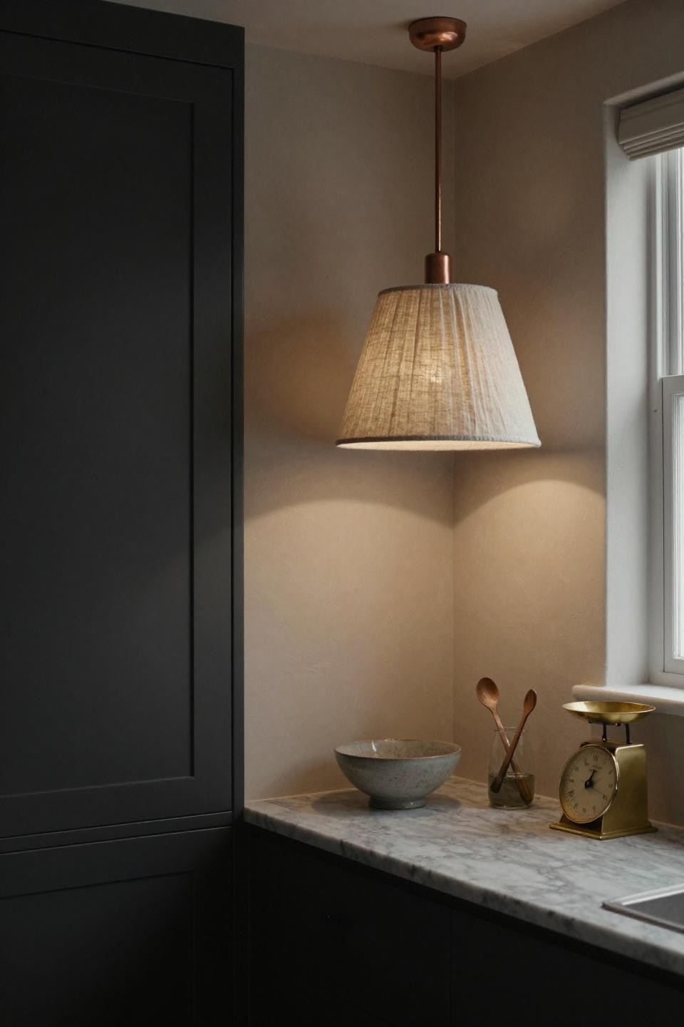 Modern Kitchen Lighting - pleated sand linen shade over marble table