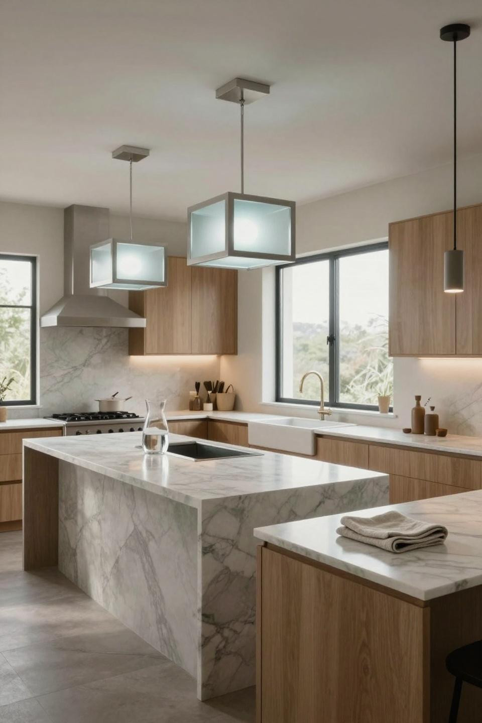 Small Kitchen Ideas - geometric aluminum pendants over marble countertops