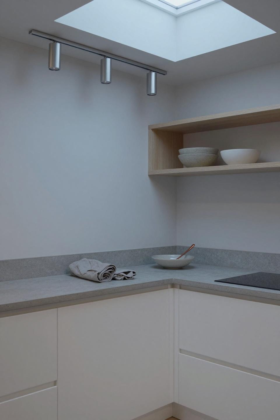 Kitchen Lighting Design - flush mounted linear track with chrome pendants