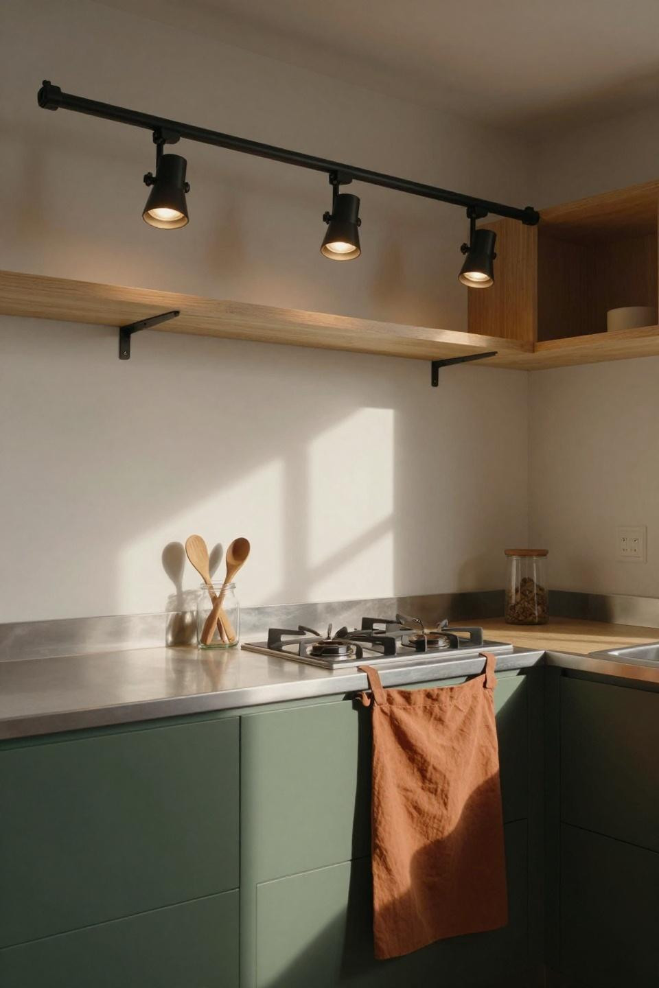 Kitchen Island Ideas - black track rail with adjustable spotlights