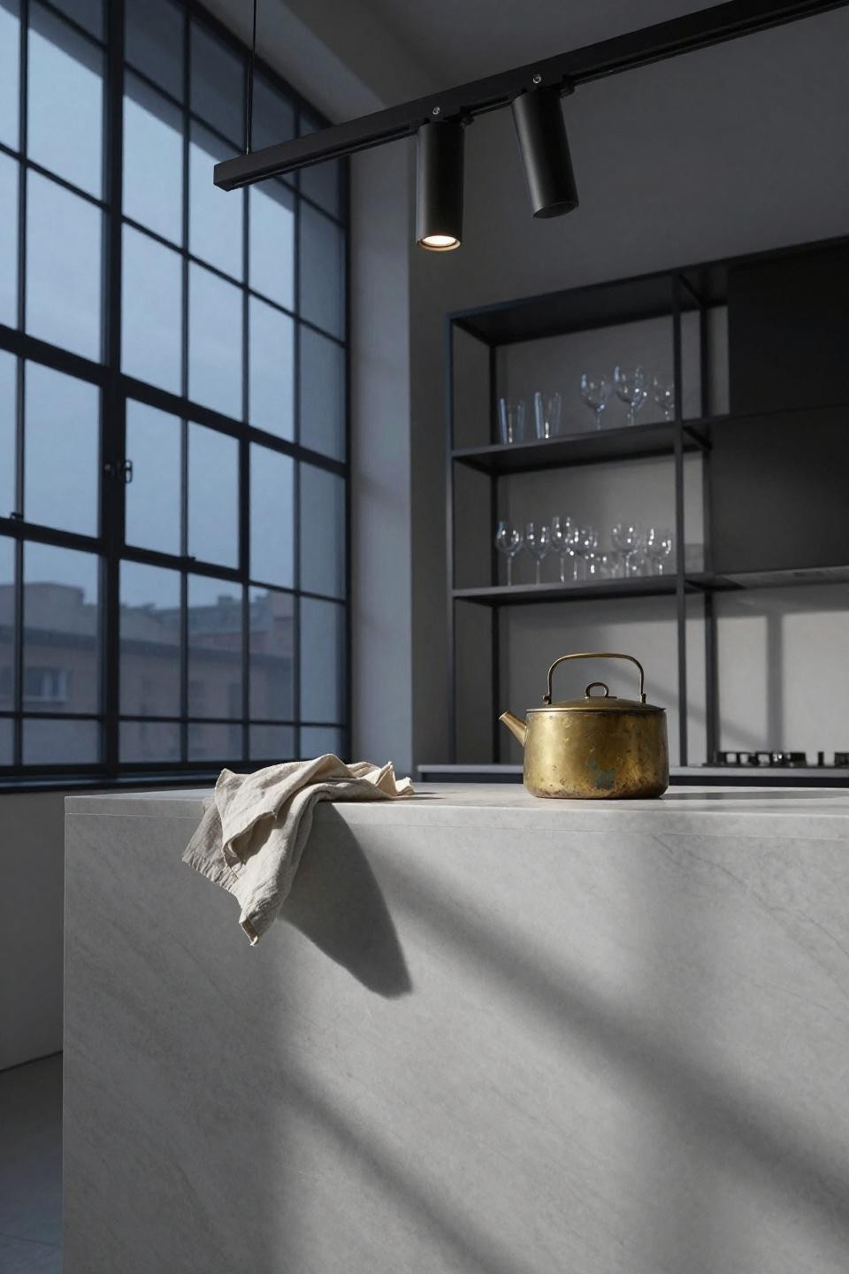 Green Kitchen - matte black track swivel heads over white marble counter