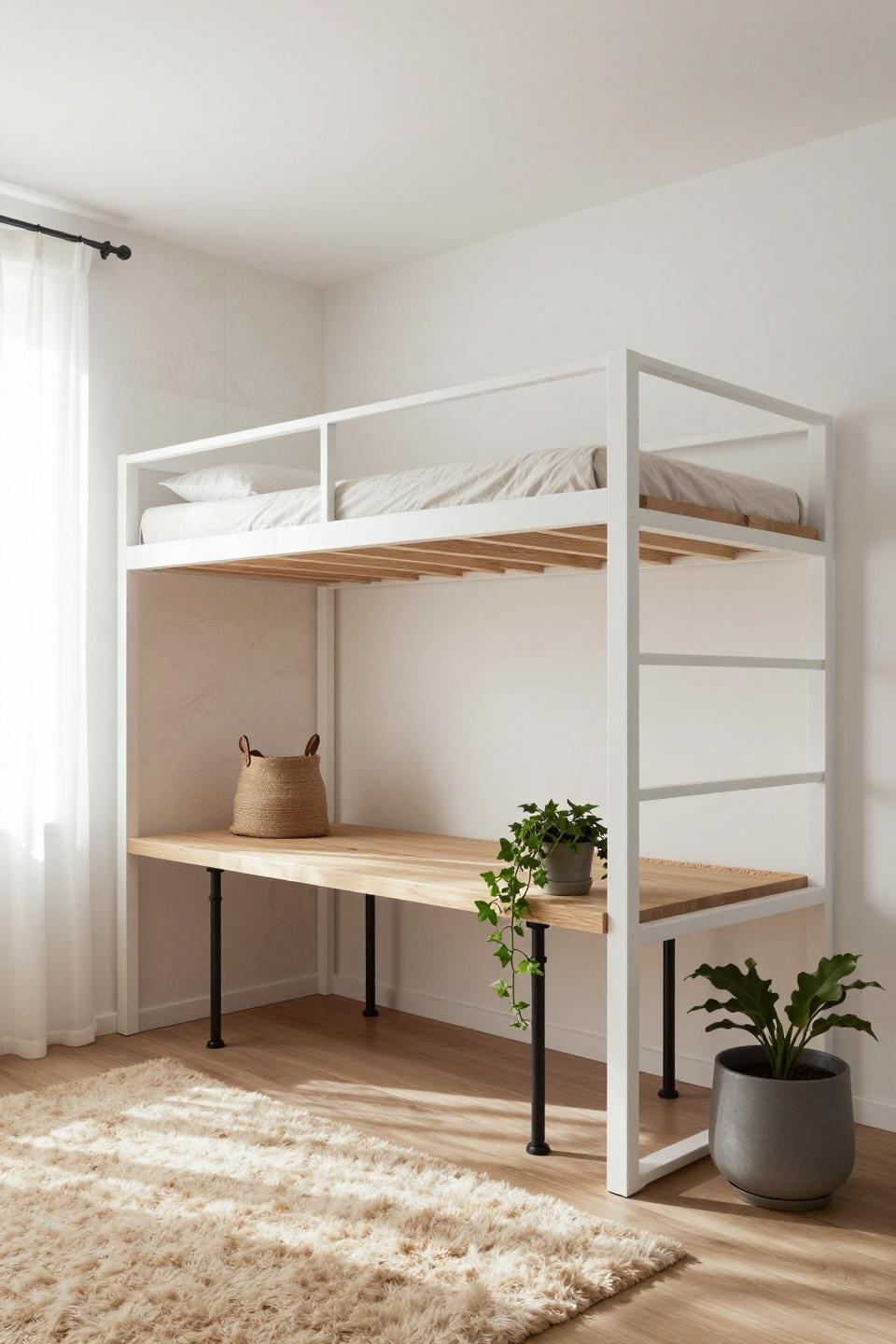 Loft Bed Ideas For Small Rooms Diy - white steel frame loft bed with floating oak desk