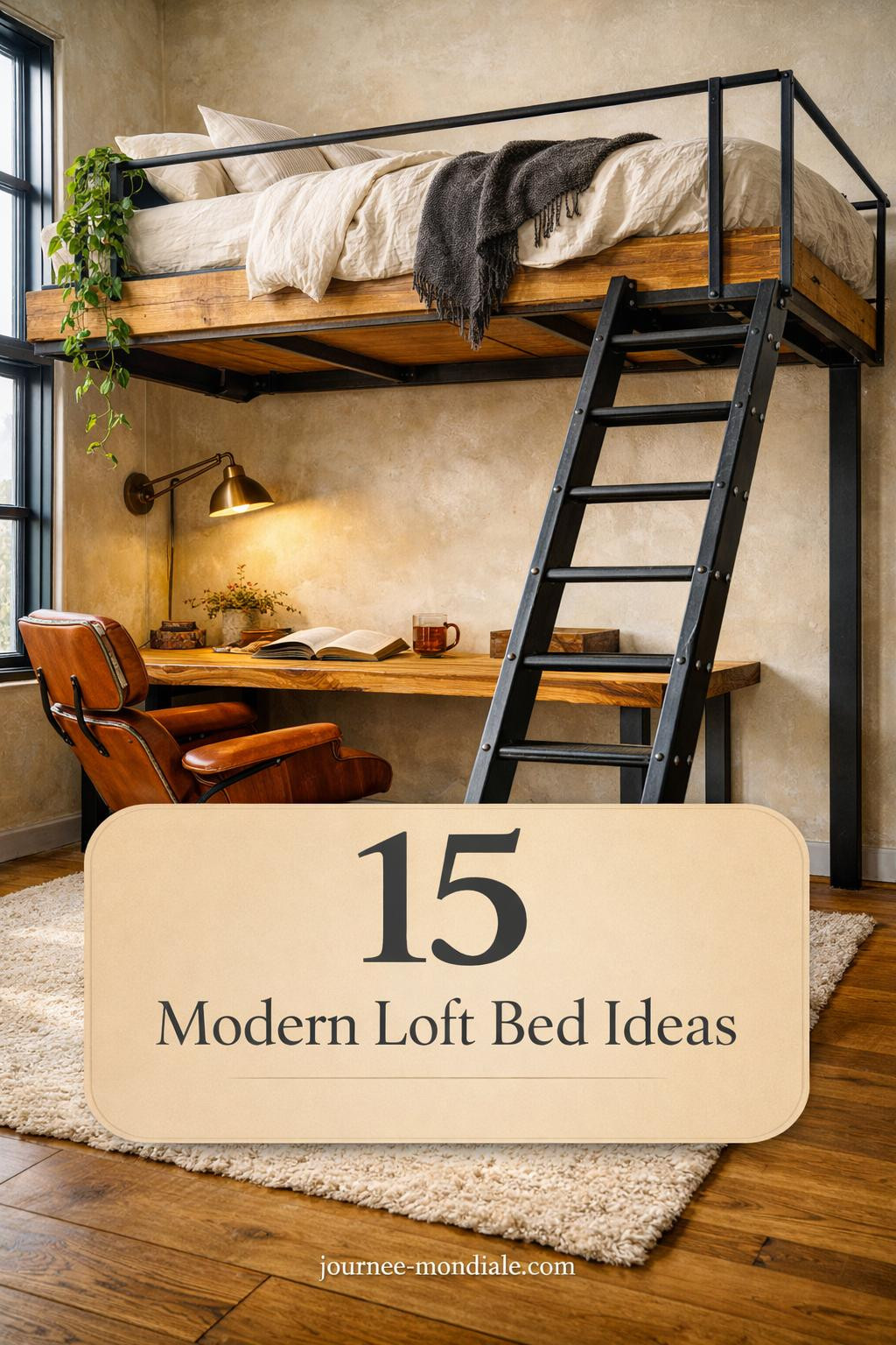 Sleek modern loft bed with built-in desk and shelving underneath in white minimalist bedroom maximizing vertical space