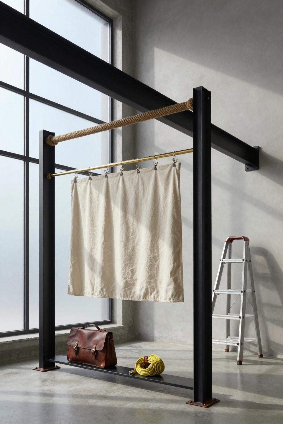 Loft Bed Layout Ideas - blackened steel loft bed with mobile clothing rod