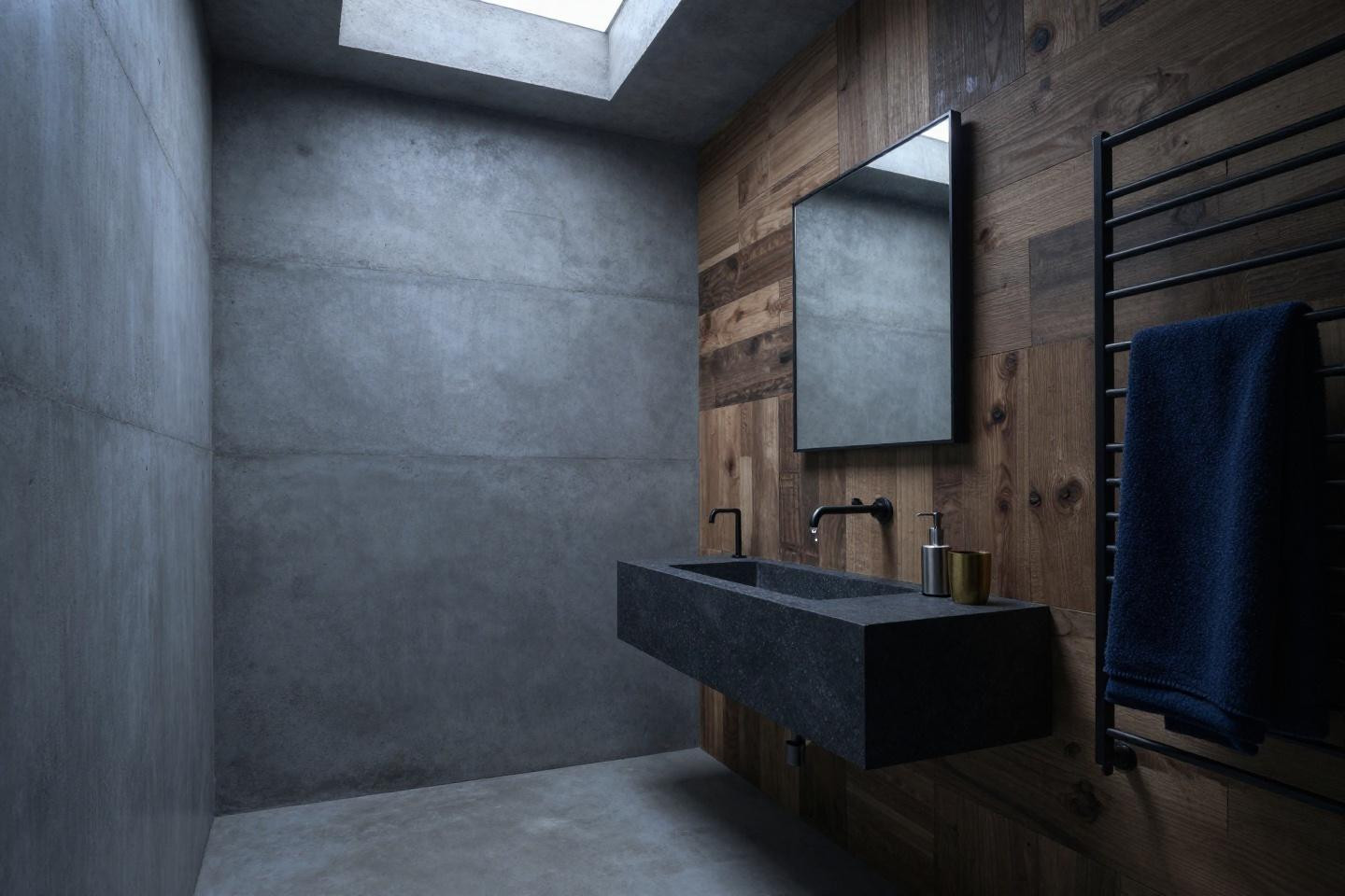 Bathroom Design Styles - concrete bathroom with charred wood accent wall