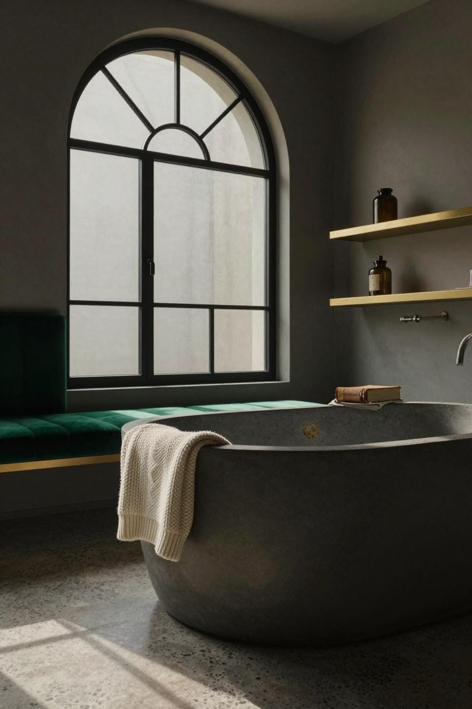 Dream Bathroom Luxury - charcoal concrete tub beneath arched brass window