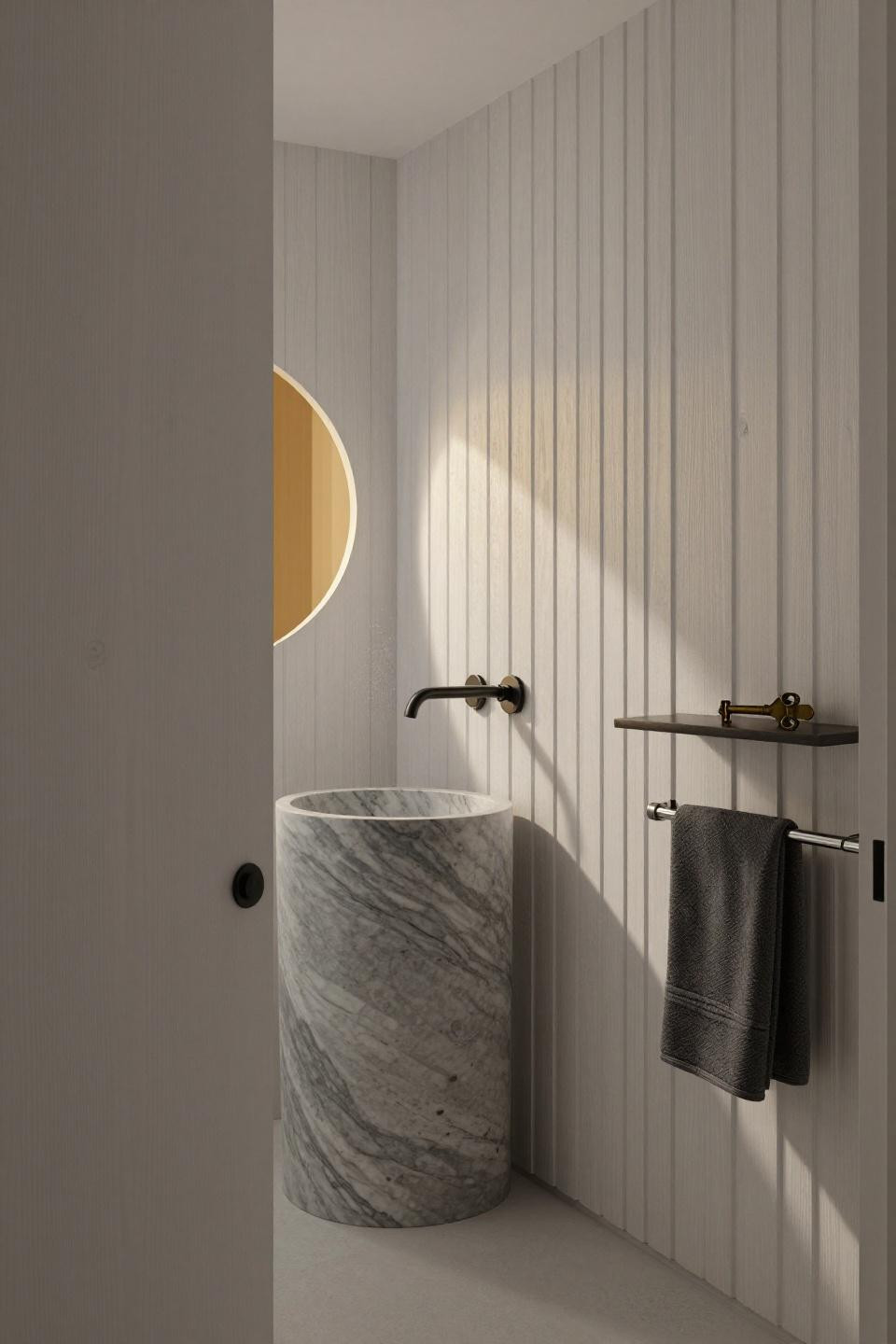 Luxury Bathroom Inspiration - marble pedestal sink with vertical slat wall