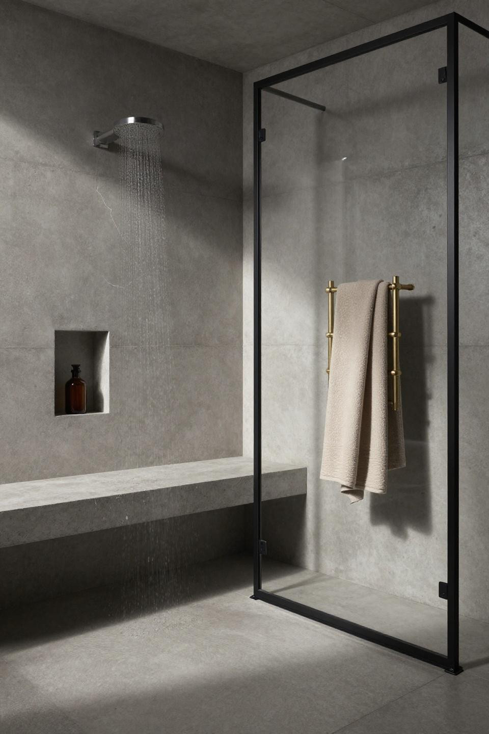 Luxury Bathroom Design Master Baths - polished concrete wet room with brass accents