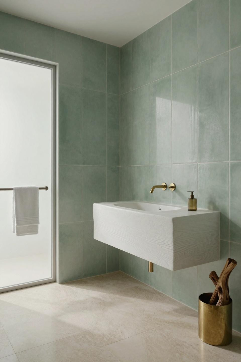 Luxury Bathroom Master - floor-to-ceiling sage green glazed tile with oak vanity