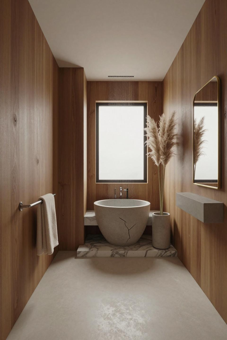 Luxe Bathroom - teak paneled ensuite with Statuario marble vessel sink
