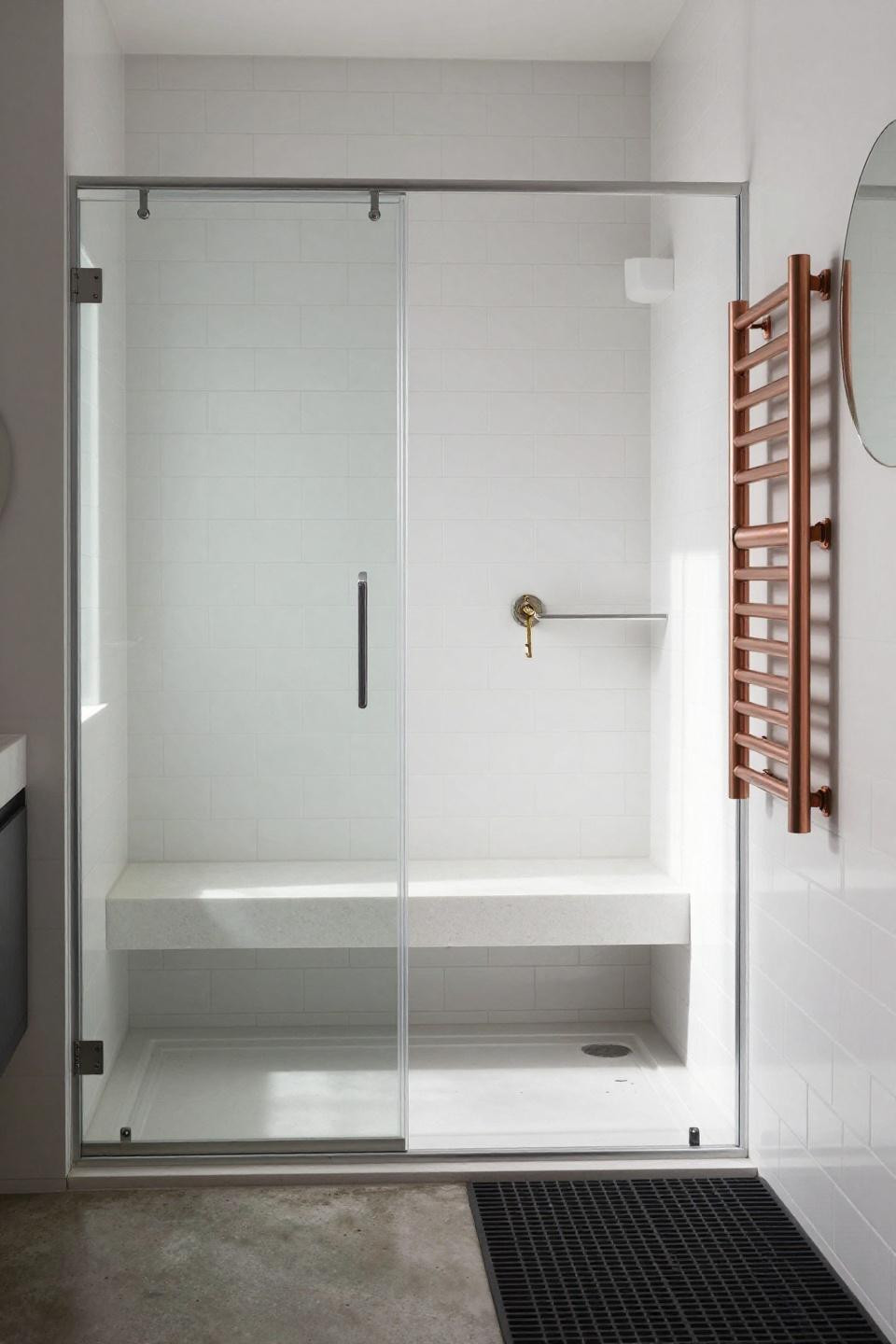 Elegant Bathroom Design - frameless glass shower with quartz bench